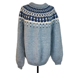 Vintage Handmade Chunky Knit Fair Isle Scandinavian Oversized Blue Sweater